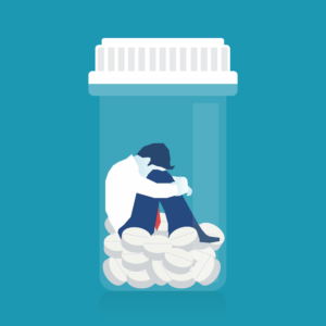 Graphic of man struggling with opioid addiction, resting his head on his knees